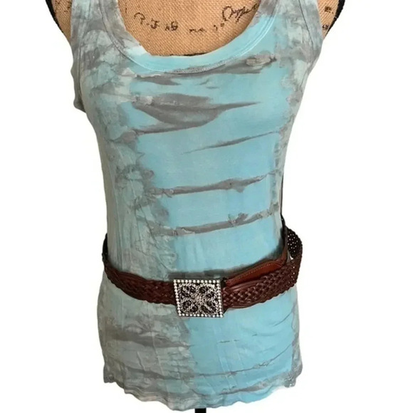 Rhinestone Buckle Adjustable Brown Woven‎ Leather Belt M main image 4